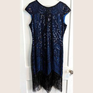Flapper Fringe Sequin Blue Great Gatsby Dress